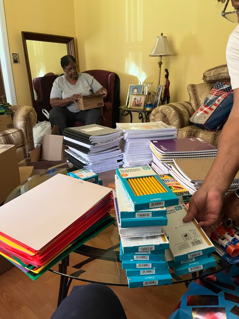 Red Bank Baptist Church Back to School Project Missionaries Carol Wilson and Jane Ingram preparing school supplies for 2 schools.